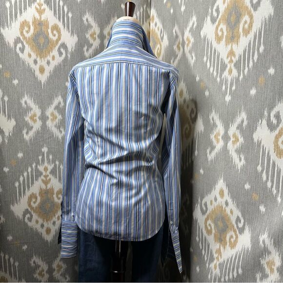 Ralph Lauren Blue Multi Shadow Stripe Ruffle Placket L/S Button Up Blouse - Picture 13 of 16